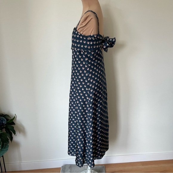 Theory Floral Ikat Print Deep Navy Blue Silk Tie Back Midi Dress EUC Size Small - Picture 5 of 11